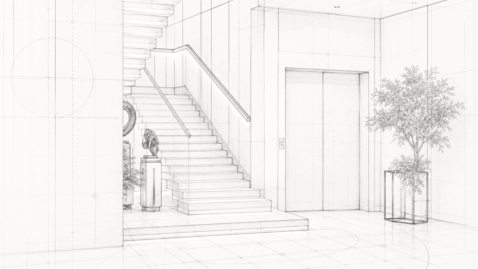 Line drawing of a double height lobby with a stair, a lift and planting